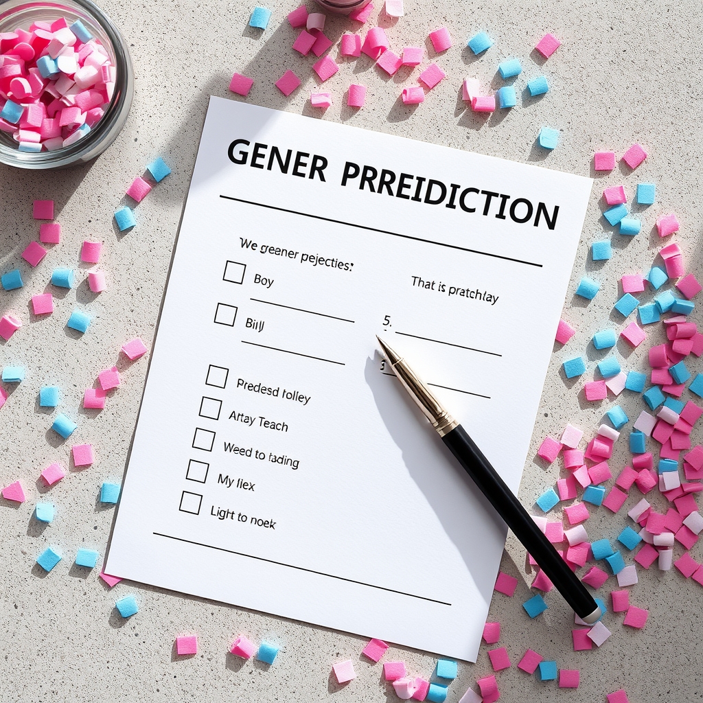 A close-up photo of a baby gender prediction quiz sheet with questions about cravings and bump shape, next to a pen and some baby-themed decorations, on a light wooden table