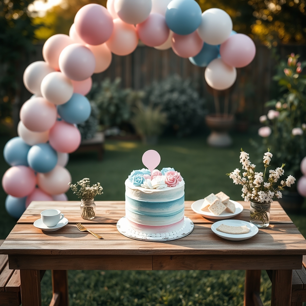 A pastel balloon arch with pink and blue balloons, a wooden table with a gender reveal cake, and soft sunlight streaming through a garden