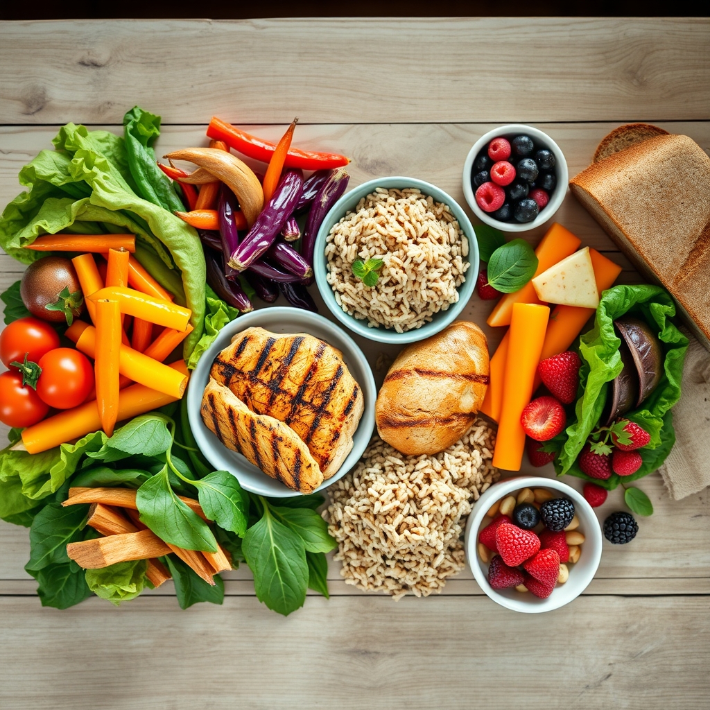 Various healthy foods like vegetables, lean protein, and whole grains laid out on a kitchen counter, representing a balanced diet