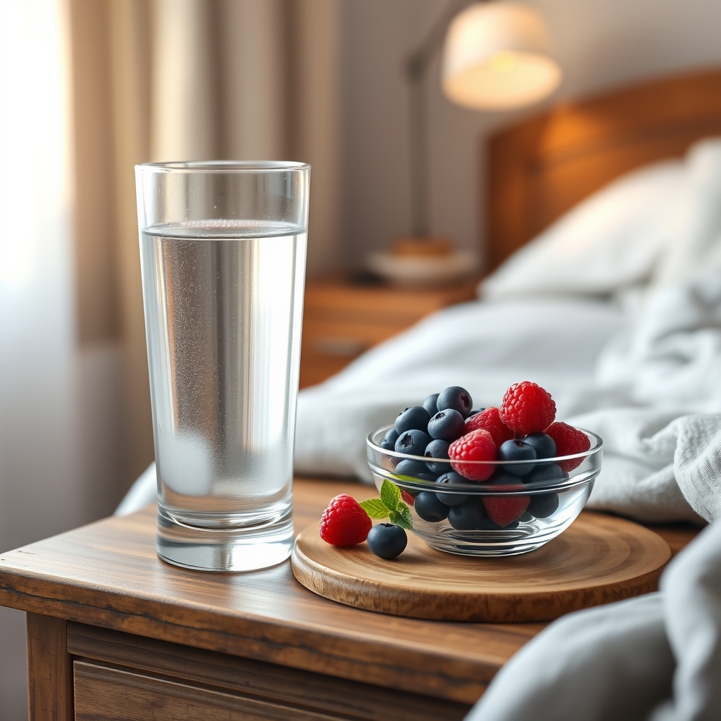 A clear glass of water next to a small bowl of fresh mixed berries on a wooden nightstand, soft morning light, cozy bedroom background