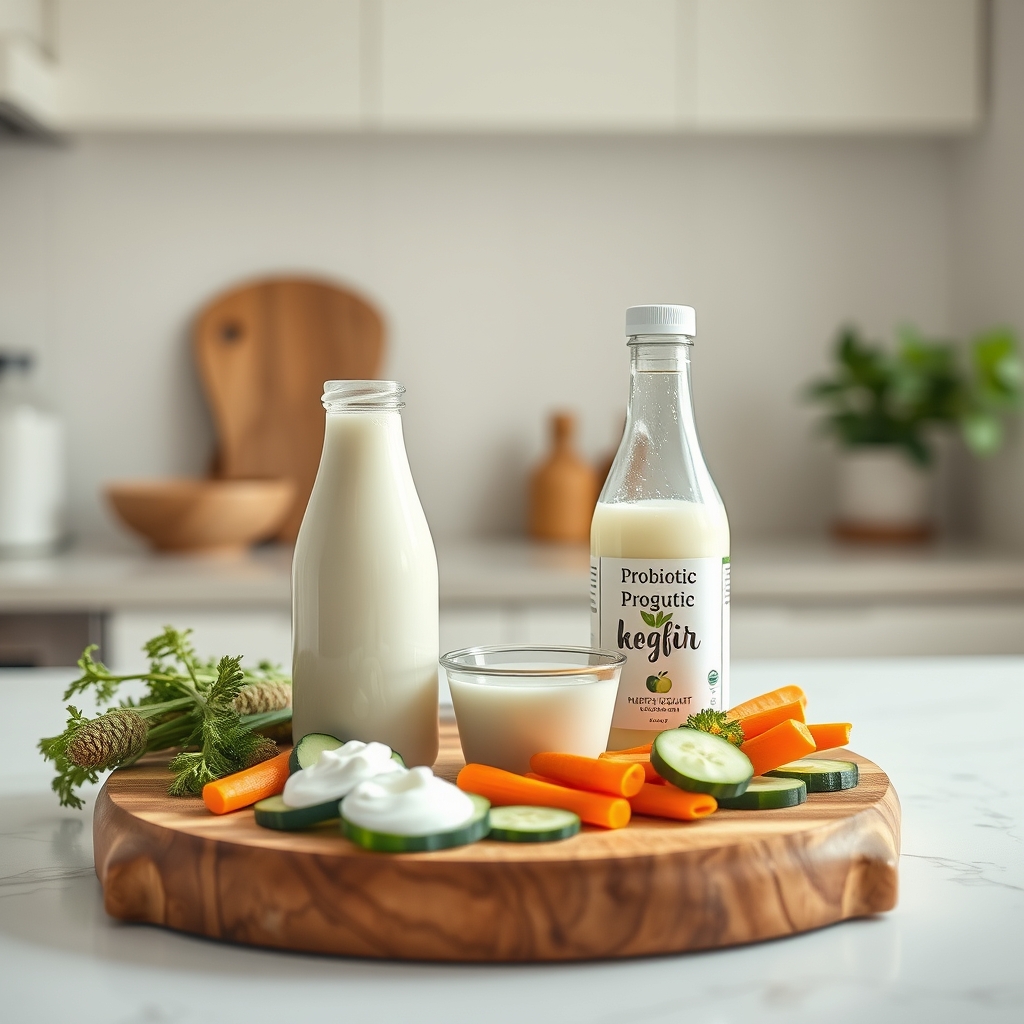 A neatly arranged tray of probiotic yogurt, kefir bottles, and fresh vegetables on a wooden board, bright natural light, photorealistic