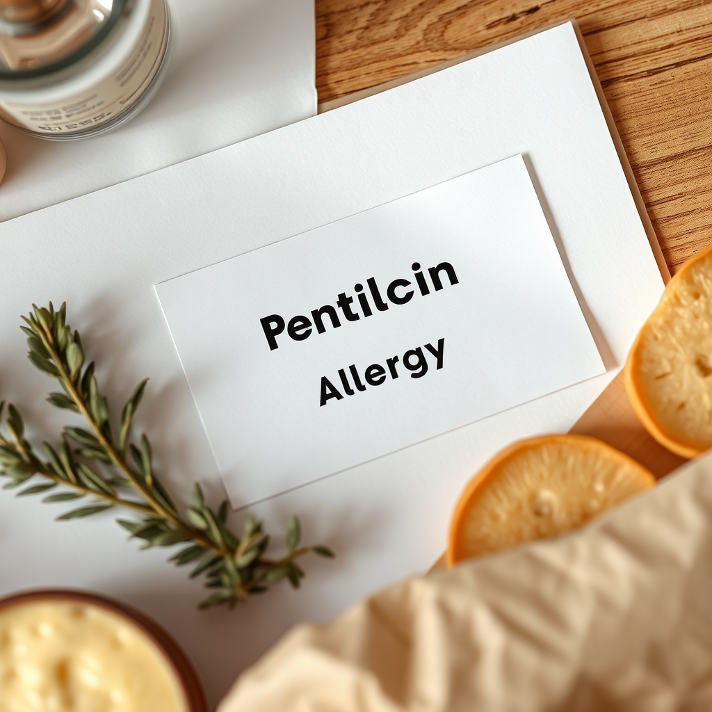A medical chart showing a penicillin allergy notation beside a list of alternative antibiotics, close‑up view on a wooden desk