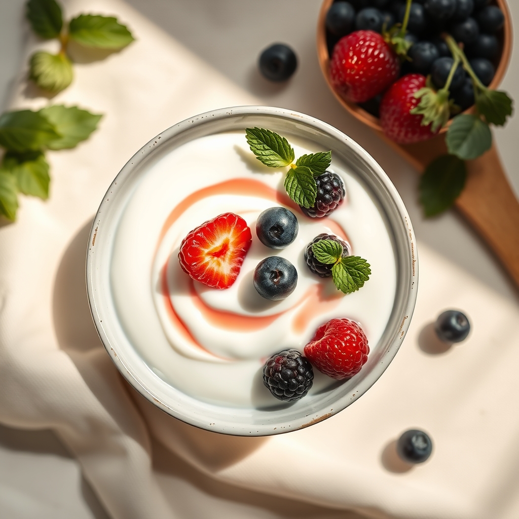 A bowl of probiotic yogurt beside fresh berries and a glass of water on a light wooden table, natural morning light