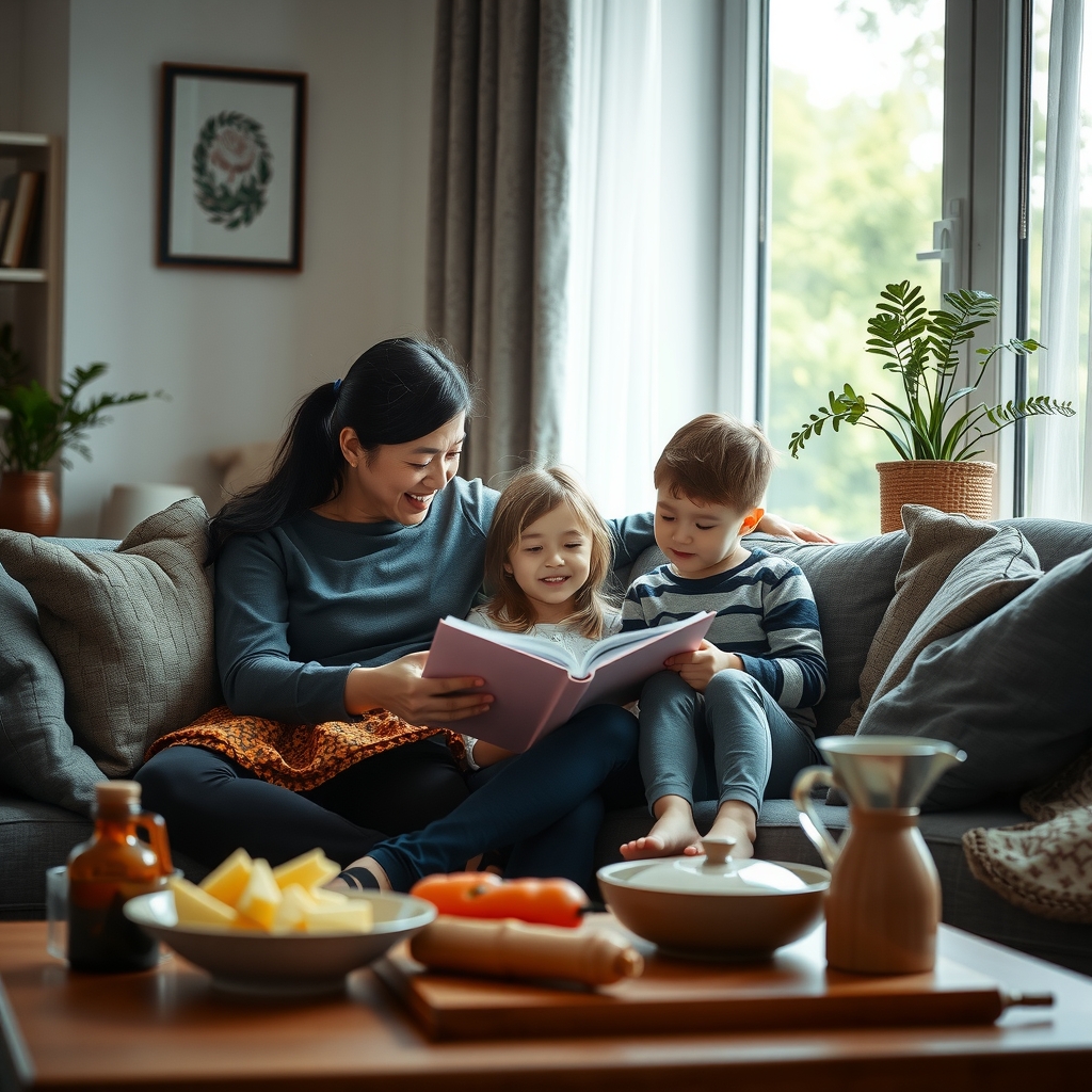 A parent reading to two children on a sofa, creating a warm, inclusive atmosphere.