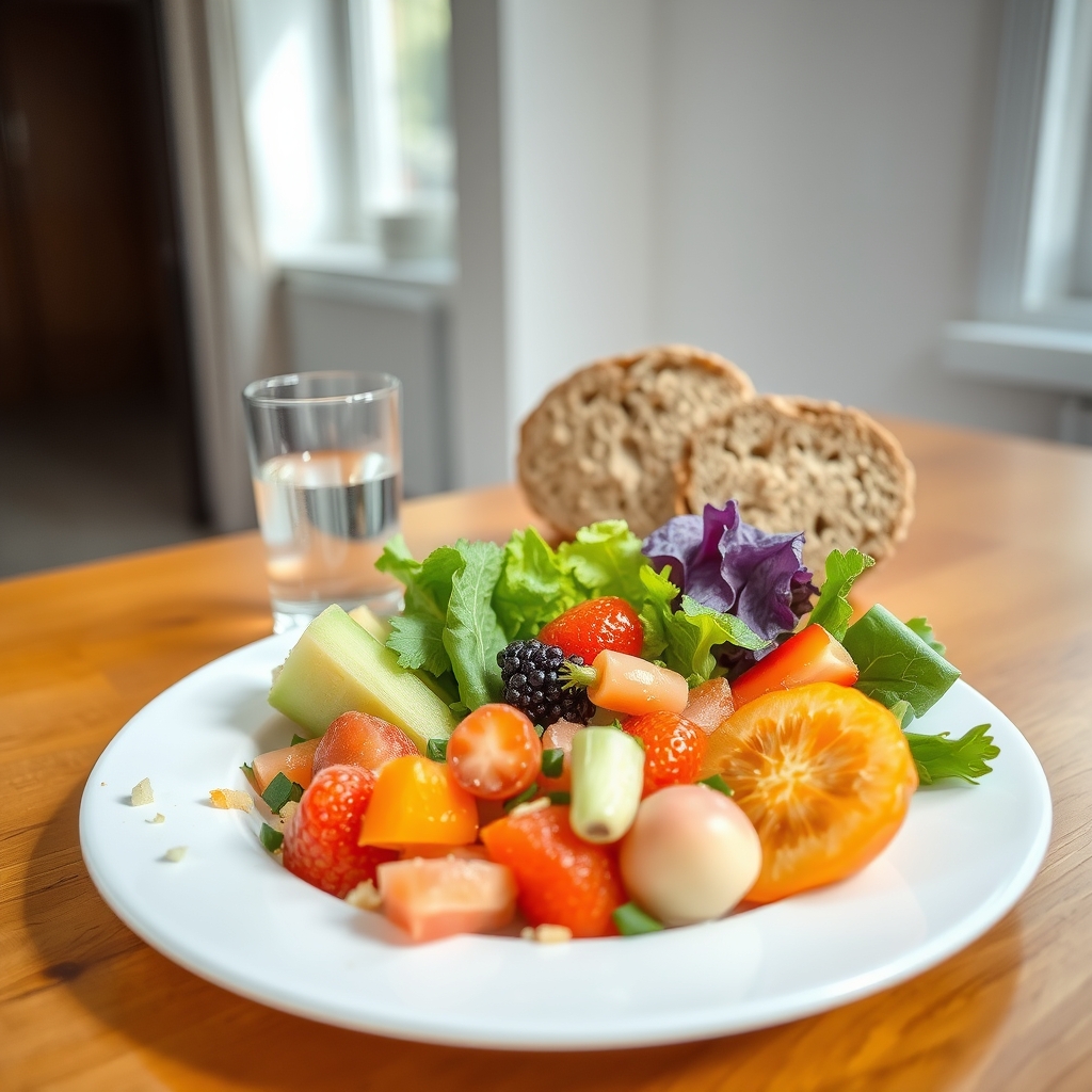 a balanced plate of colorful fruits, vegetables, whole grains, and a glass of water, representing optimal nutrition for a 40‑plus pregnancy
