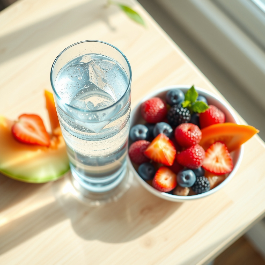 A clear glass of water next to a bowl of fresh fruit, including berries and melon, on a light wooden table