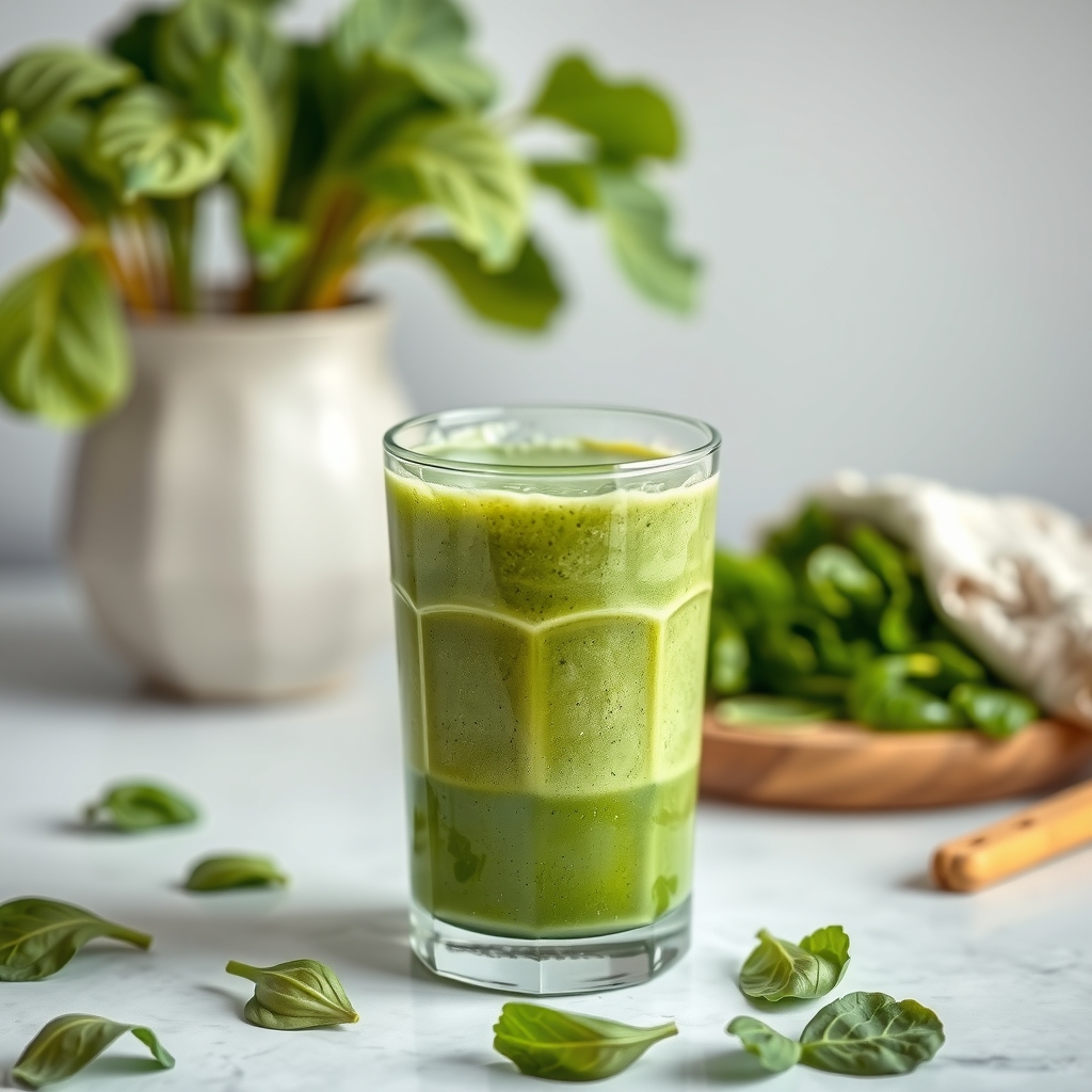 A blender filled with a bright green smoothie, with spinach leaves and frozen mango visible.