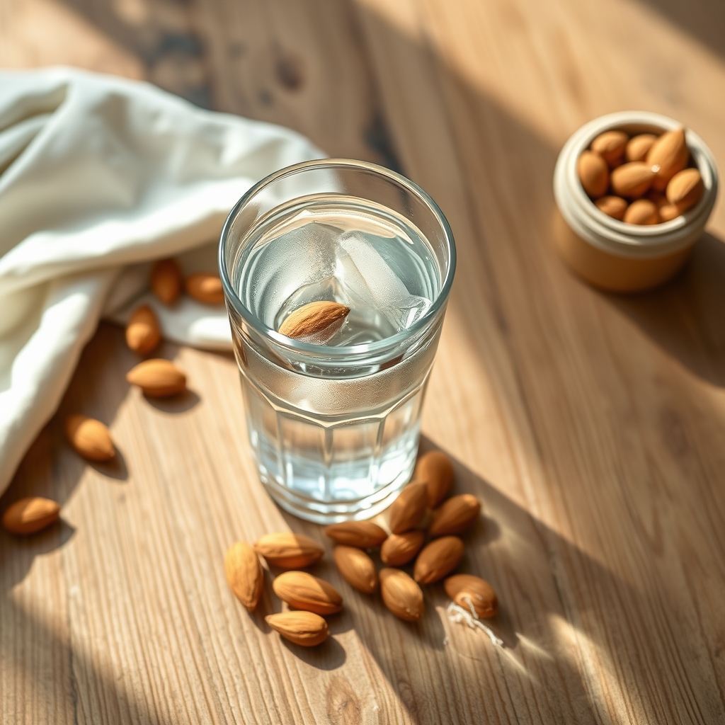 Close‑up of a glass of water beside a small bowl of almonds and a slice of lemon on a wooden table, bright morning light, fresh aesthetic