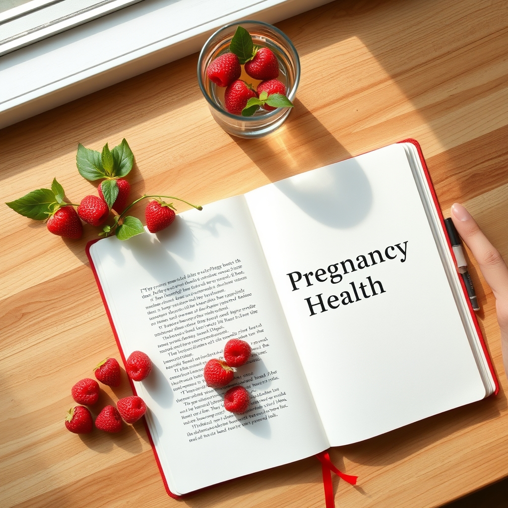 A calm kitchen scene with a bowl of fresh berries, a glass of water, and a notebook labeled ’Pregnancy Health’ on a wooden countertop, bright natural light highlighting the healthy foods