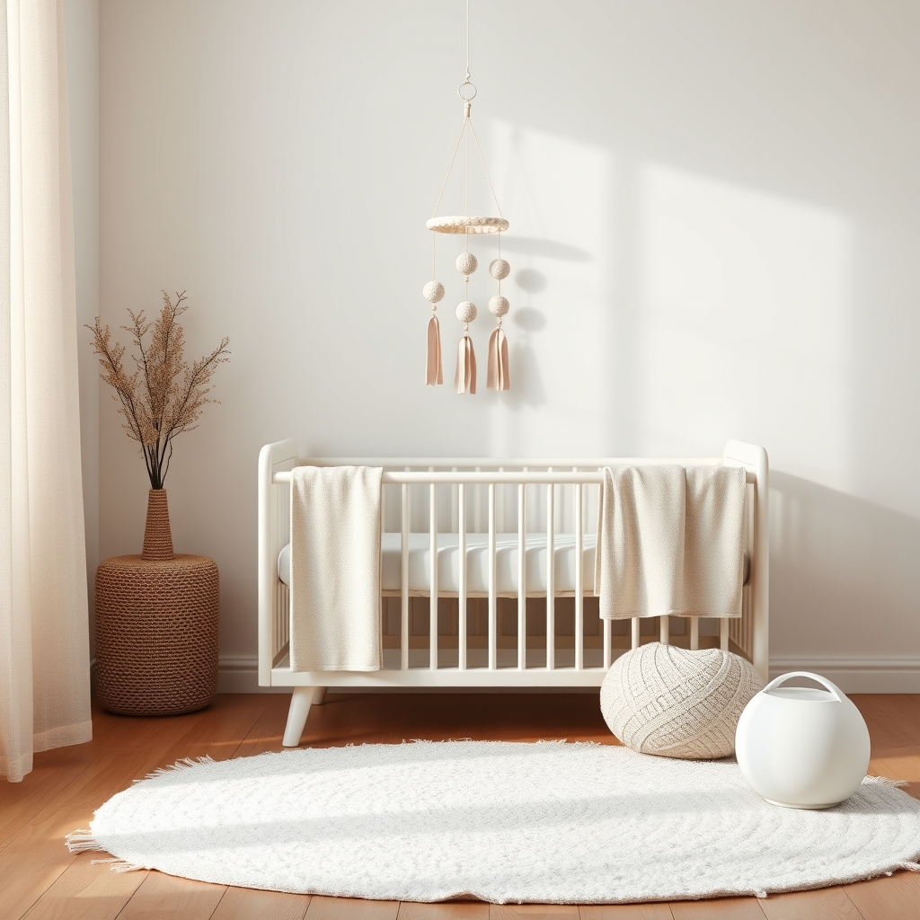 A calm nursery corner with a pastel mobile, soft rug, and a small white noise machine beside a wooden crib, natural daylight streaming in
