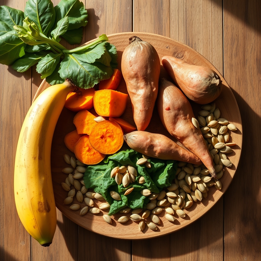 Fresh fruit and leafy greens arranged on a wooden board, highlighting potassium‑rich foods for blood pressure control during pregnancy
