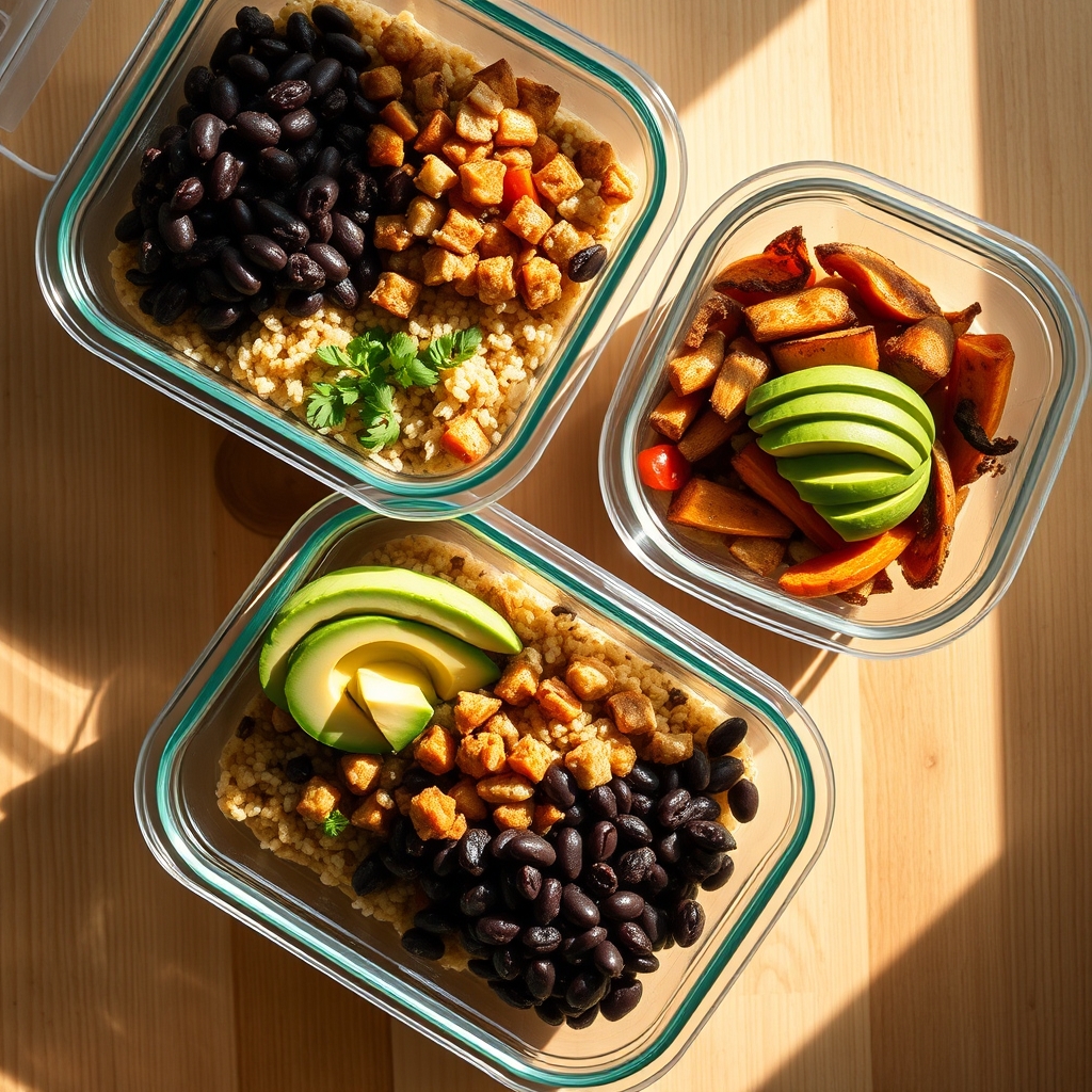 A vibrant meal prep container showing quinoa, roasted vegetables, black beans, and a side of sliced avocado, illustrating a balanced high-fiber lunch for pregnancy