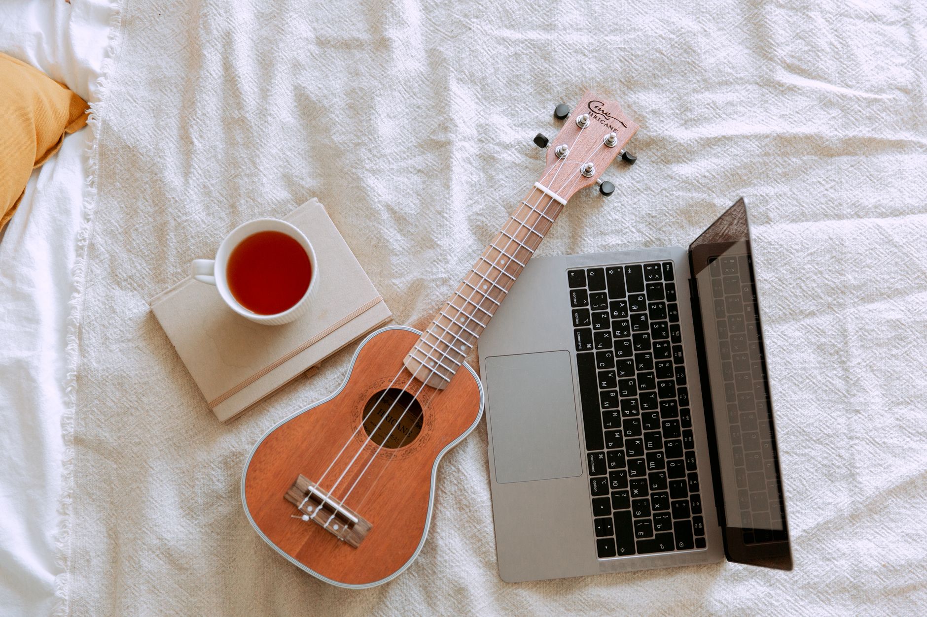 Pregnant person sitting at a kitchen table with a laptop open to a health calculator, soft morning light, a cup of tea beside the laptop, warm home setting