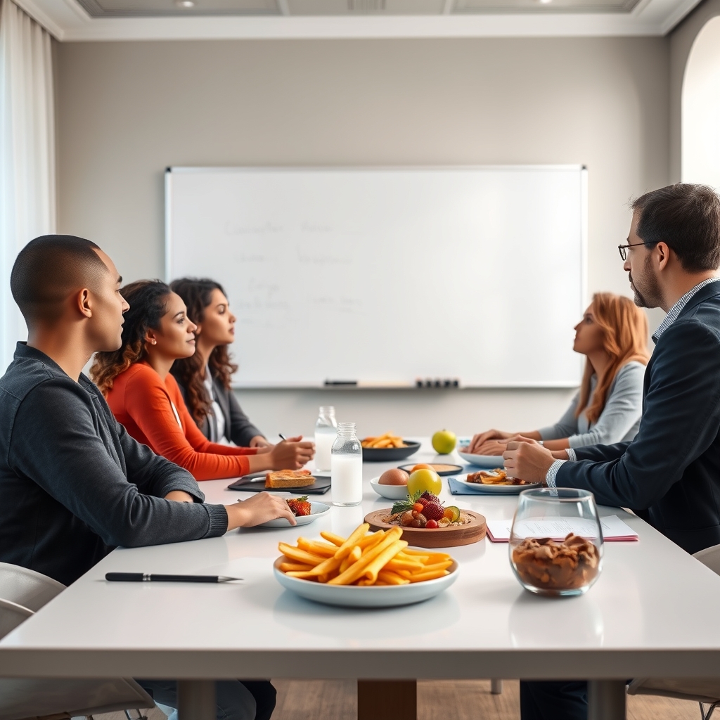 Team debrief after a postpartum hemorrhage case, conference room with whiteboard, soft lighting, diverse professionals discussing, photorealistic, high detail
