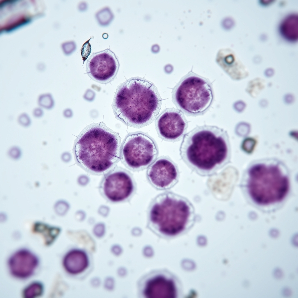 Close‑up of a lab technician examining a blood sample slide under a microscope, with a focus on white blood cell types, soft lighting, clinical setting