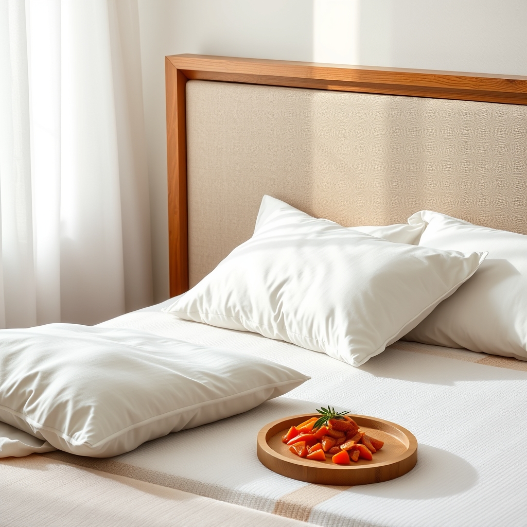 Close‑up of a mattress with a pillow topper and a pregnancy pillow beside it, soft morning light highlighting the texture and comfort