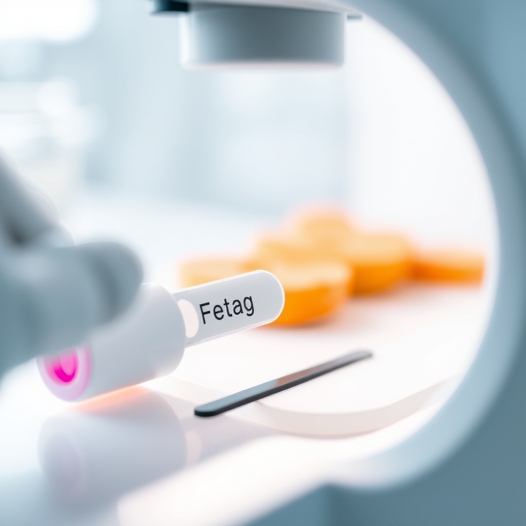 Close‑up of a lab technician placing a fetal‑fibronectin test strip into a small analyzer, bright clinical lighting highlighting the device