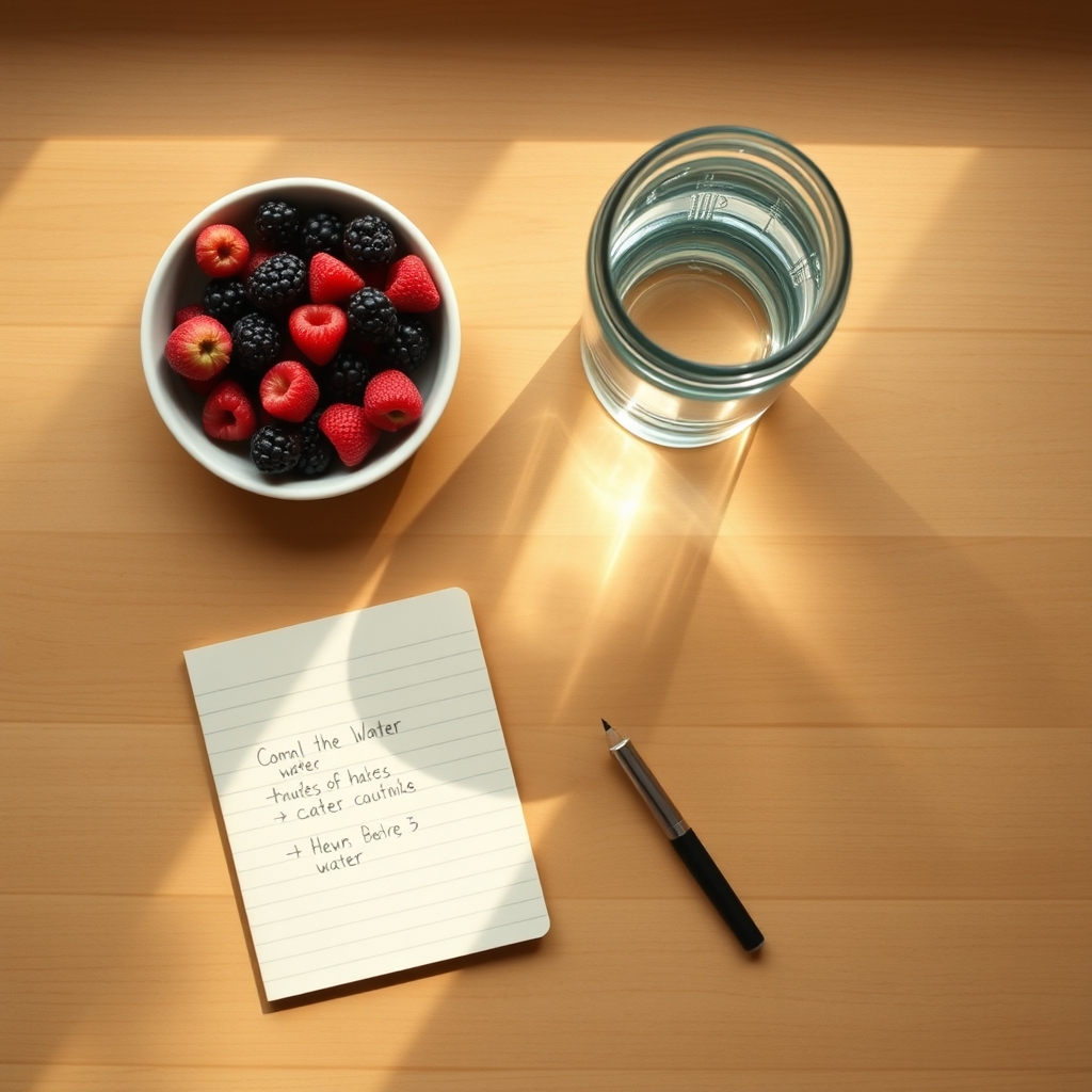 A cozy kitchen countertop with a glass of water, a bowl of fresh berries, and a notebook titled ‘Pregnancy Meal Plan’ under soft morning light