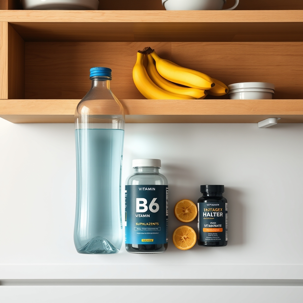 A tidy kitchen shelf with a glass water bottle, a bowl of sliced banana, and a small container of vitamin B6 tablets, bright daylight, minimalistic styling
