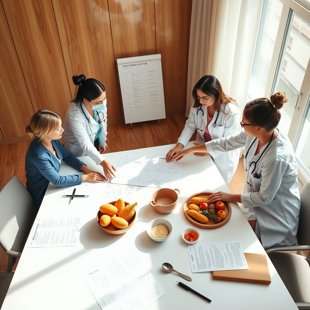 Midwife reviewing a printed Robson classification chart with a group of clinicians in a bright conference room, emphasizing collaboration and data-driven care