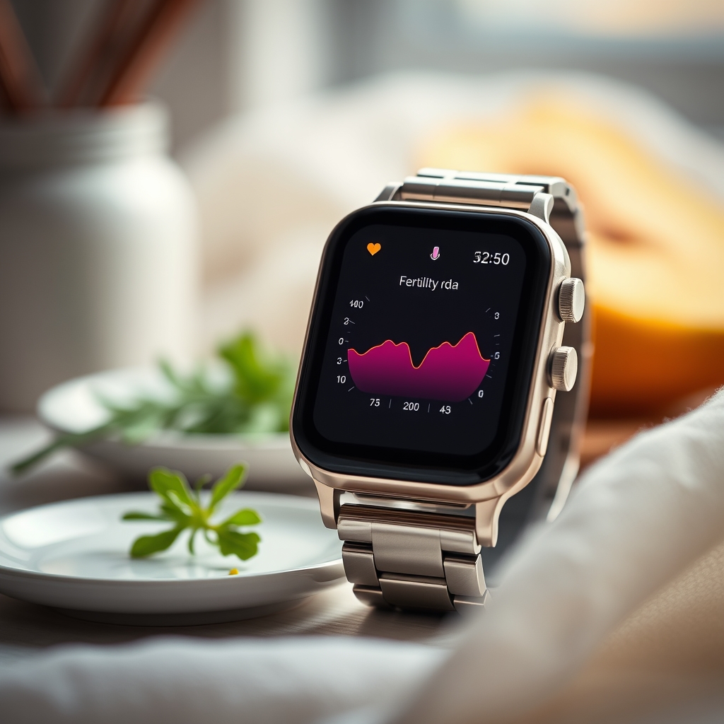 Close‑up of a smartwatch displaying fertility data, soft ambient lighting, sleek design, showing temperature trend and ovulation prediction