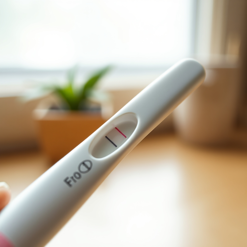 Close-up of a home pregnancy test showing a very faint positive line, held in soft light