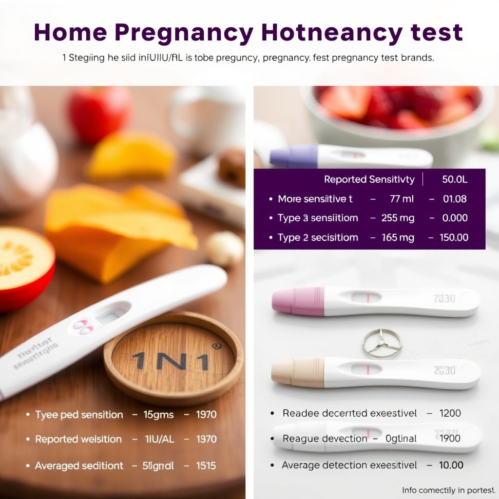 A comparison table of different pregnancy test brands and their sensitivity levels in mIU/mL