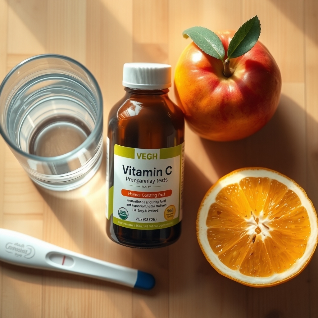 A bright kitchen counter with a glass of water, a bottle of vitamin C tablets, and a home pregnancy test lying beside fresh fruit, natural morning light
