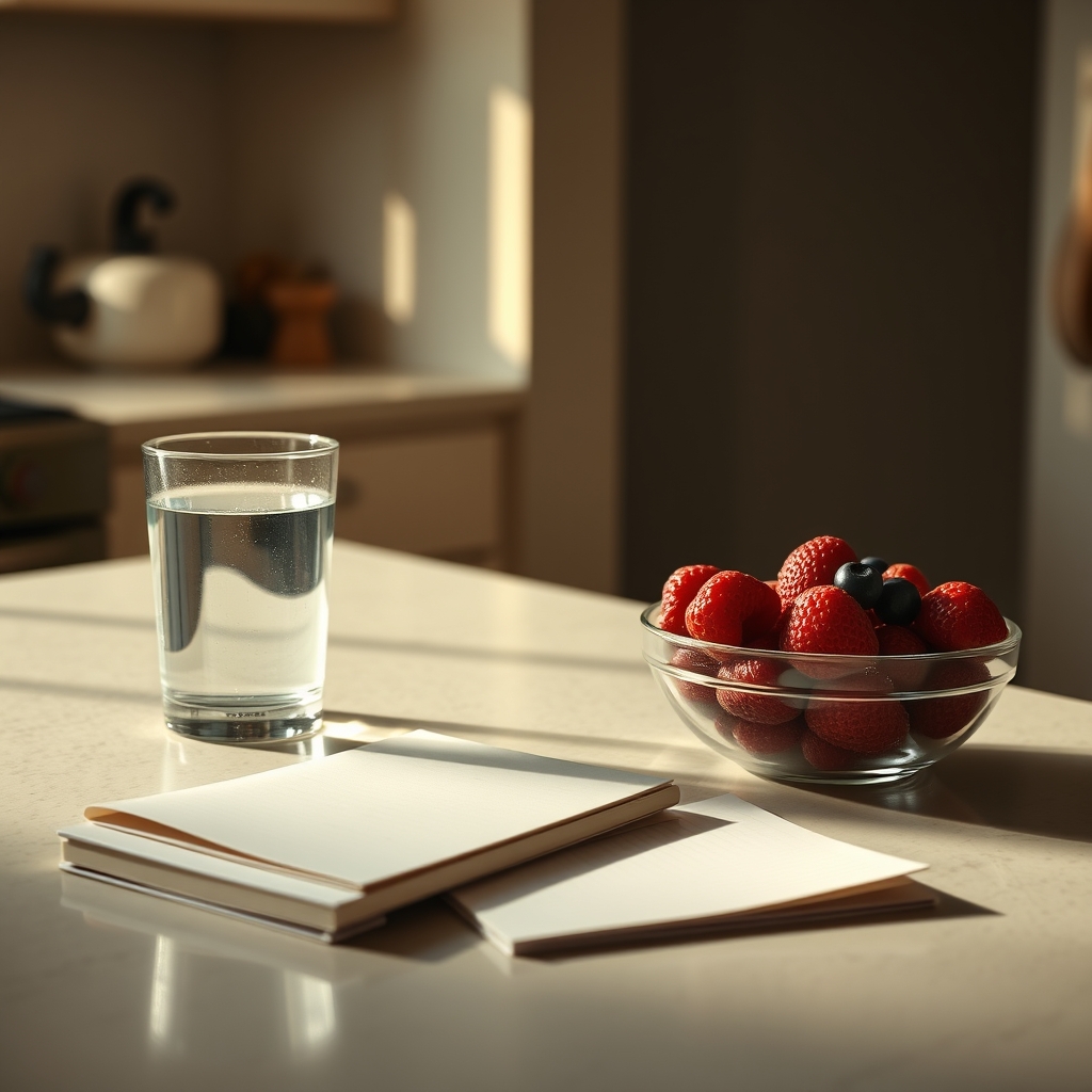 Soft, warm‑lit kitchen counter with a glass of water, a small bowl of fresh berries, and a folded postpartum pad beside a notebook