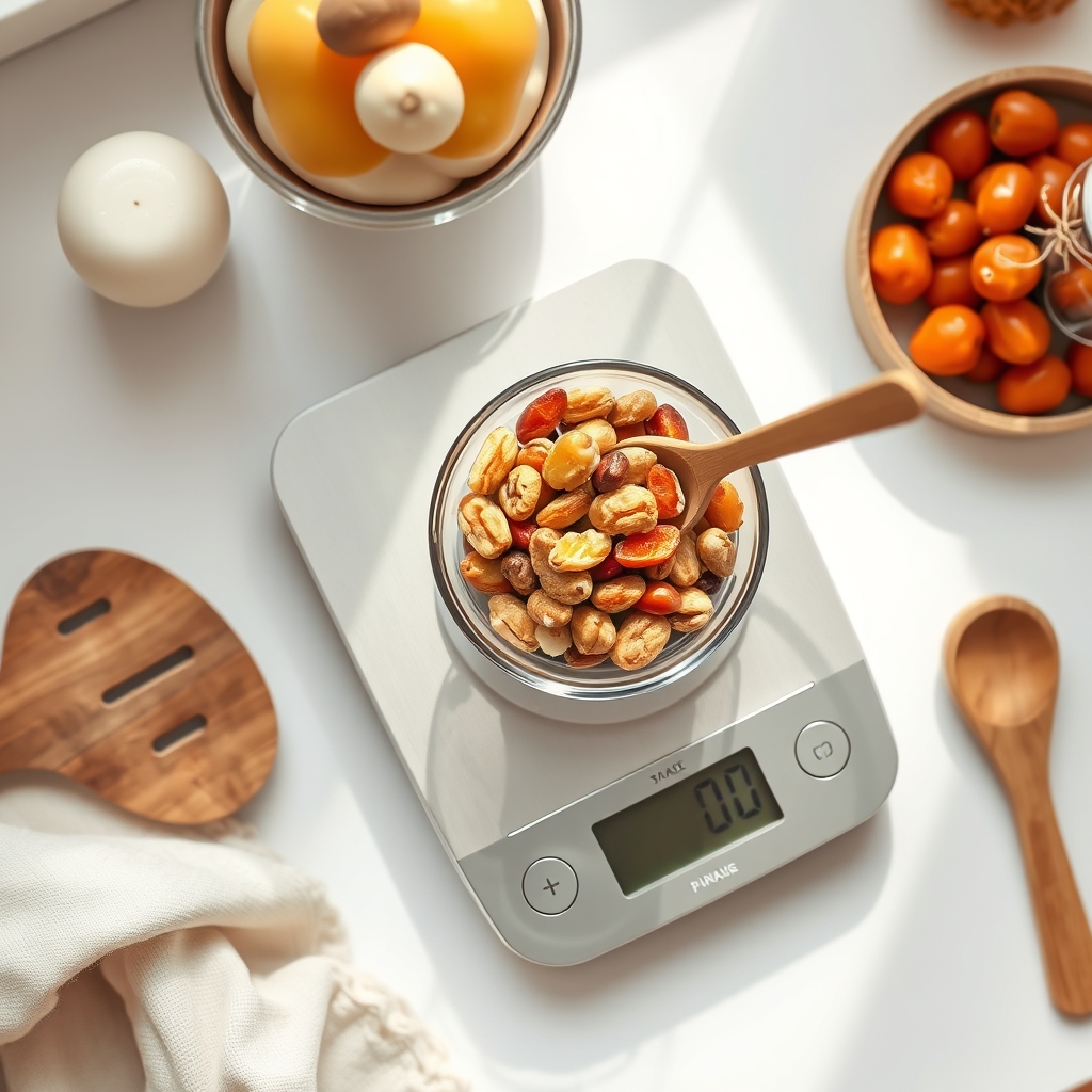 A sleek kitchen scale next to a bowl of mixed nuts and dried fruit, highlighting portion control for calorie-dense snacks
