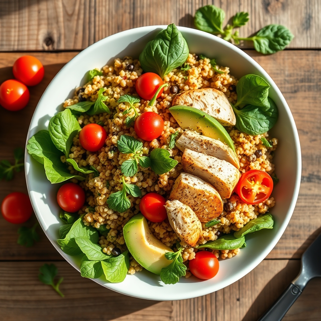 A vibrant bowl of quinoa salad with grilled chicken, avocado cubes, cherry tomatoes, and a squeeze of lemon, photographed on a wooden countertop
