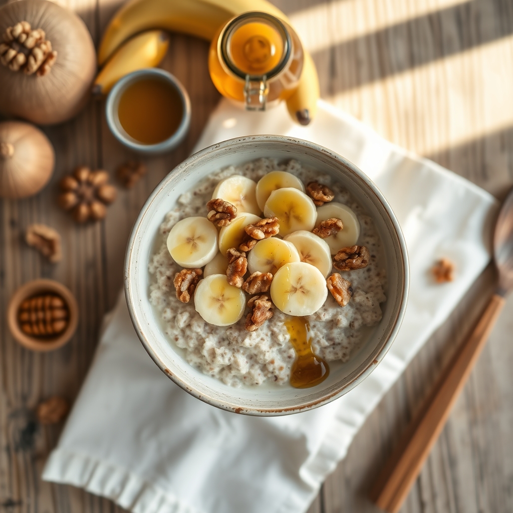 A cozy kitchen scene with a steaming bowl of oatmeal topped with sliced bananas, walnuts, and a drizzle of honey, captured from a slightly angled perspective