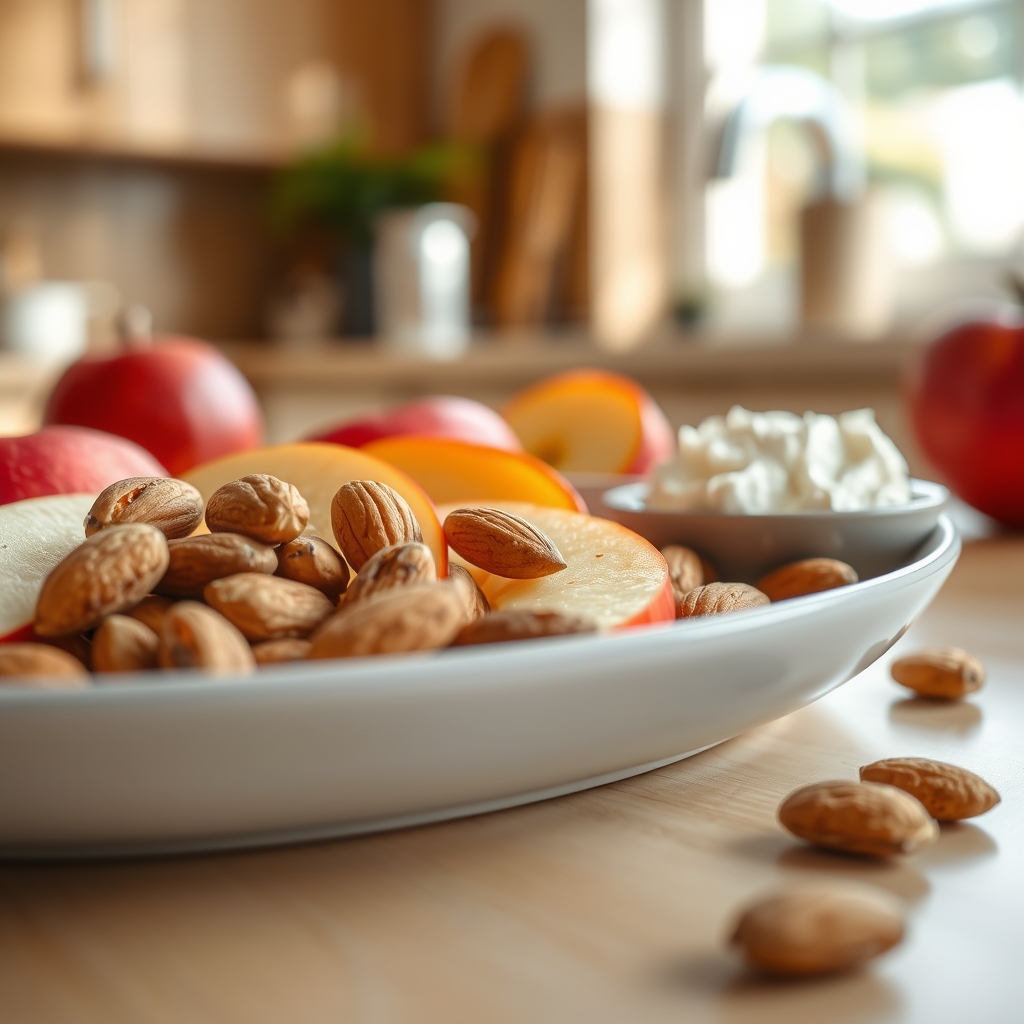 A close‑up of a nutritious snack plate featuring sliced apple, a handful of almonds, and a small cup of cottage cheese, all arranged on a rustic wooden board