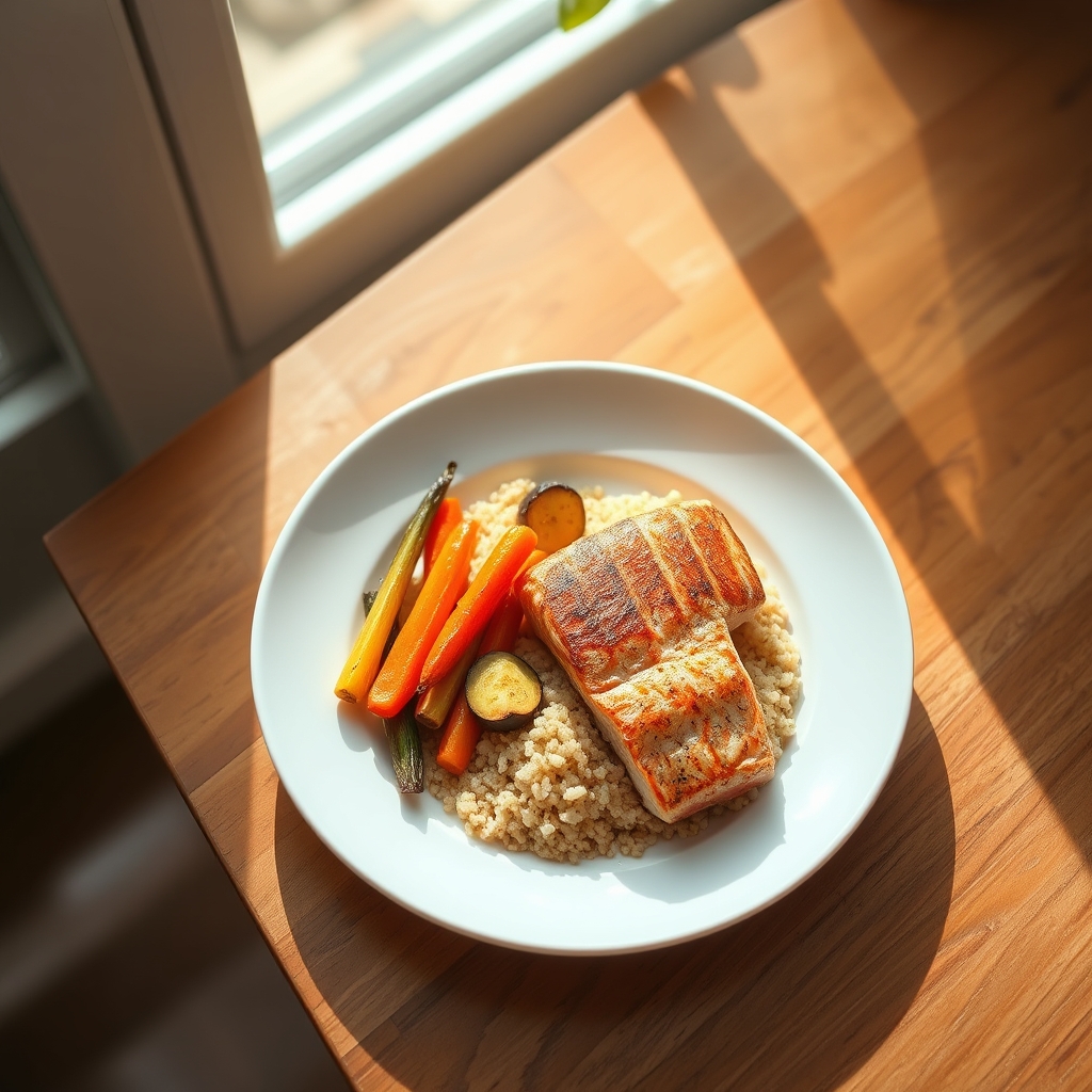 Colorful plate of quinoa, roasted vegetables, and grilled salmon, bright kitchen setting, natural light