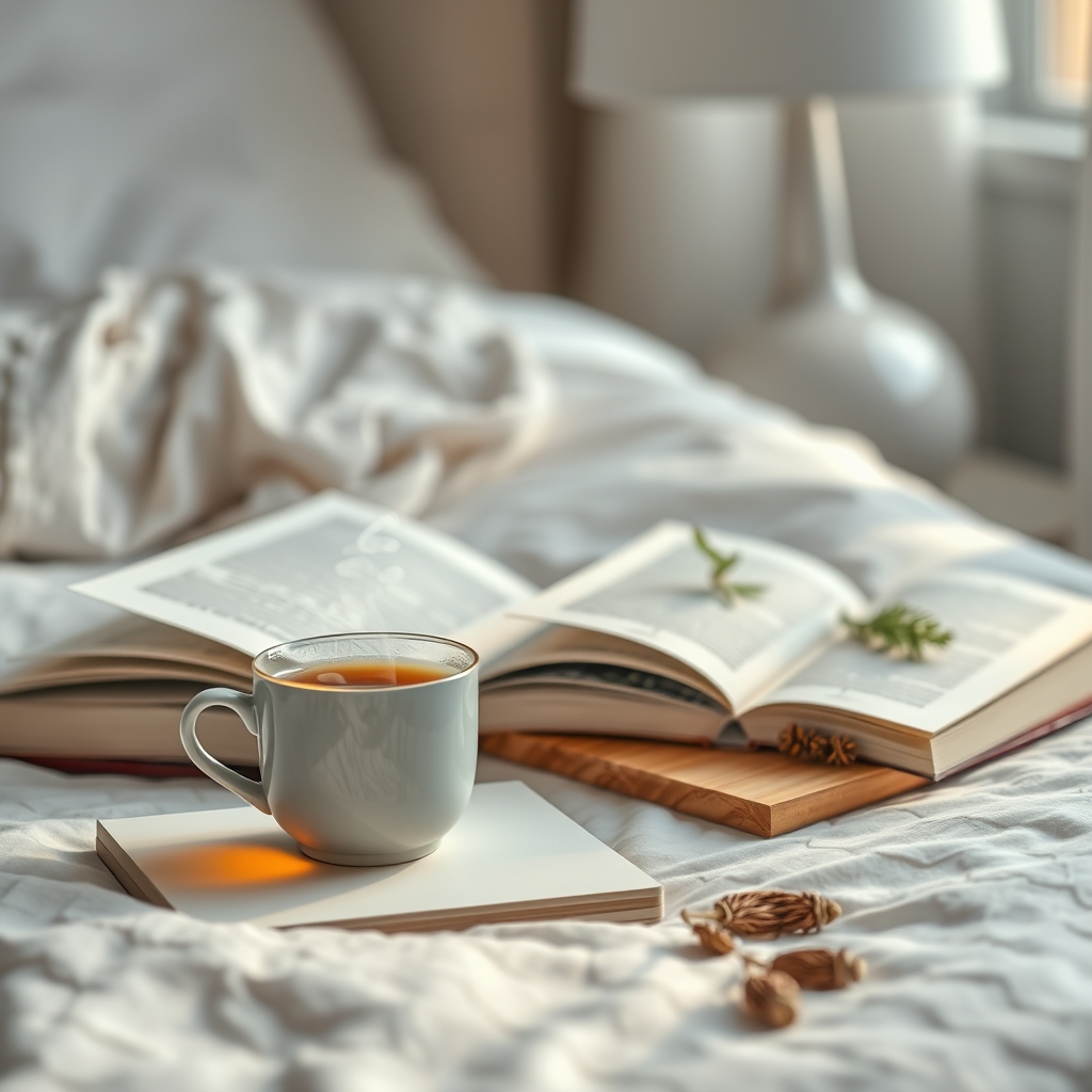 A warm cup of herbal tea and a book on a bedside table, symbolizing relaxation and self-care