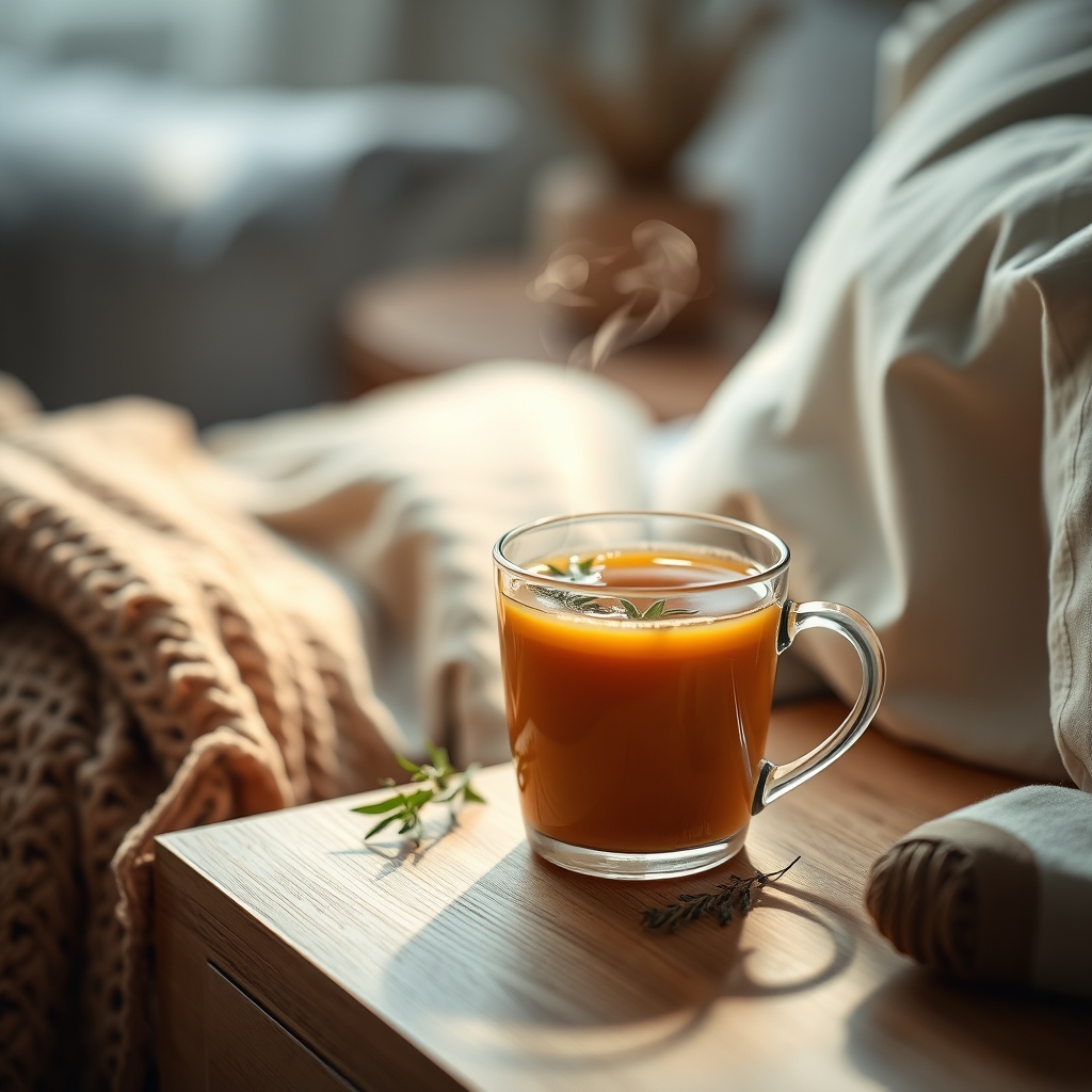 A warm, comforting mug of herbal tea on a wooden nightstand, with a book and soft blanket, suggesting rest and self-care