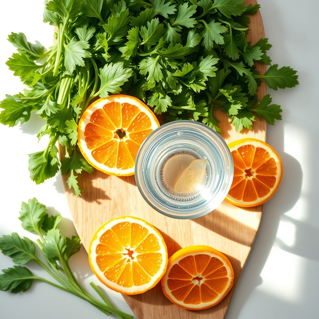Vibrant arrangement of leafy greens, citrus slices, and a glass of water on a wooden board, bright natural light, fresh and healthy breakfast