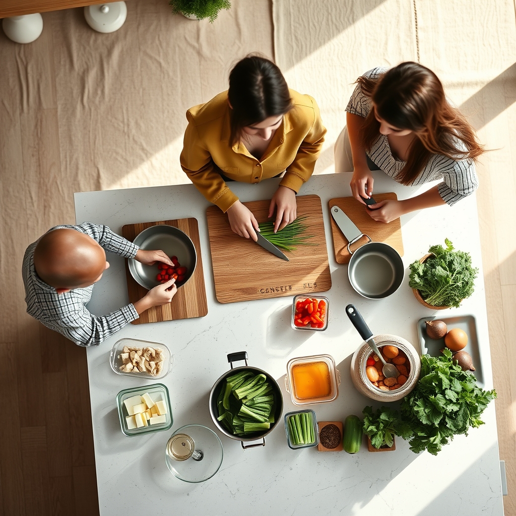 Family cooking together in a bright kitchen, preparing bulk meals for the week with fresh vegetables and reusable containers