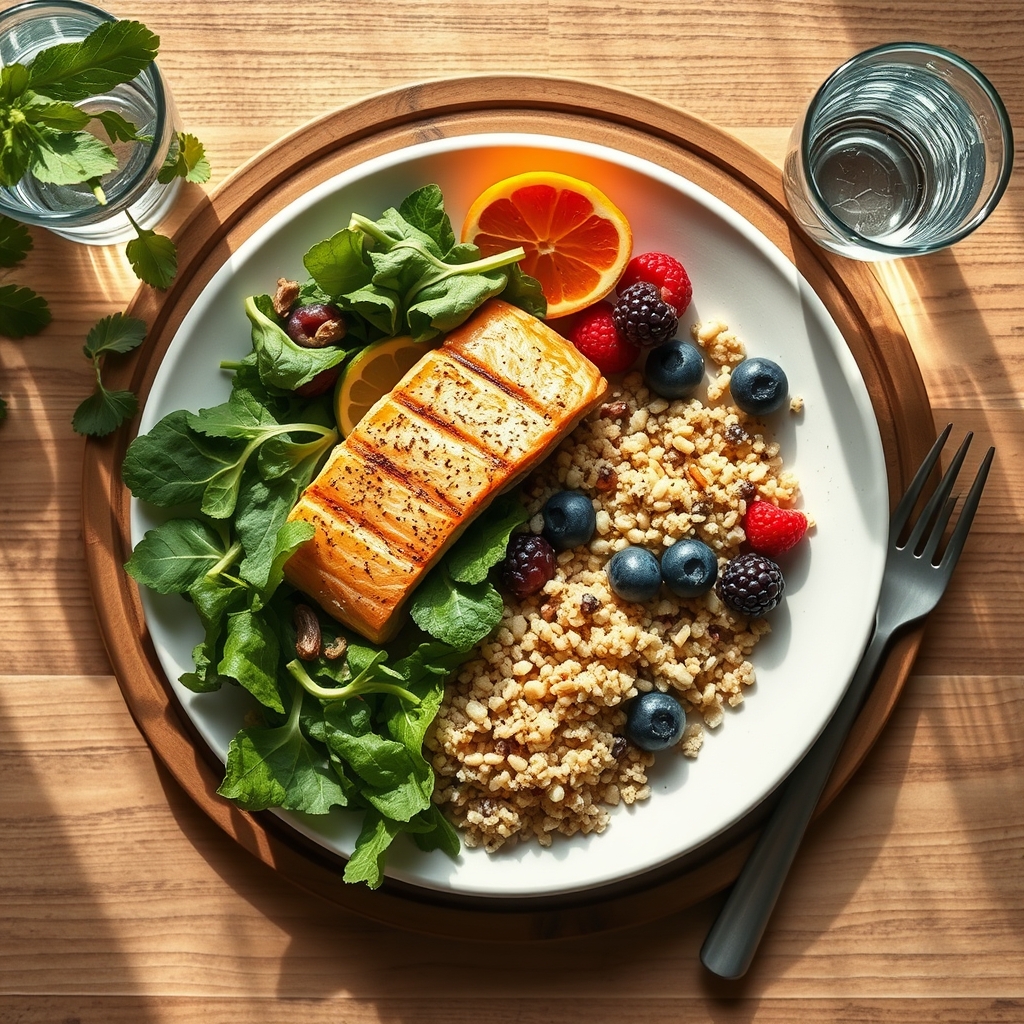 A colorful plate of nutritious foods including leafy greens, lean protein, whole grains, and fruit, arranged on a wooden table, representing a balanced pregnancy diet