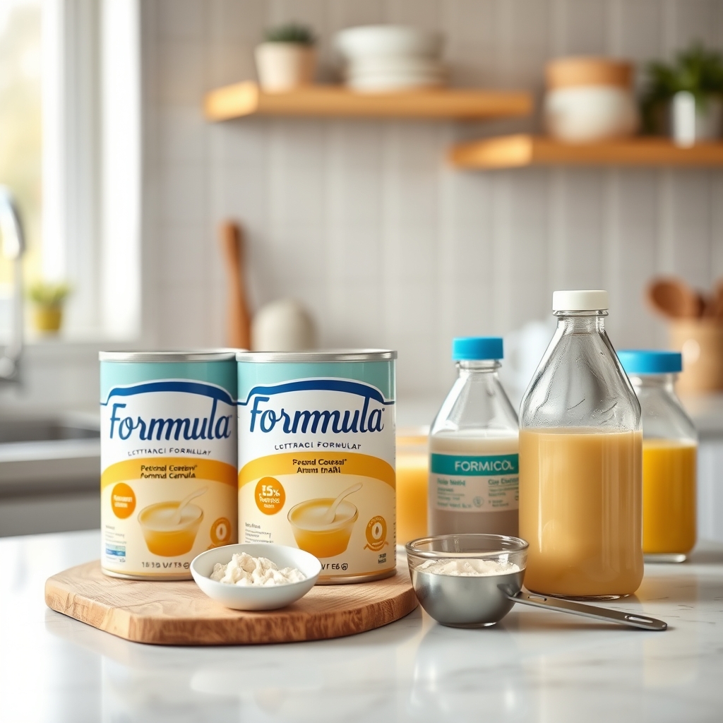 Formula preparation station with clean bottles and formula containers