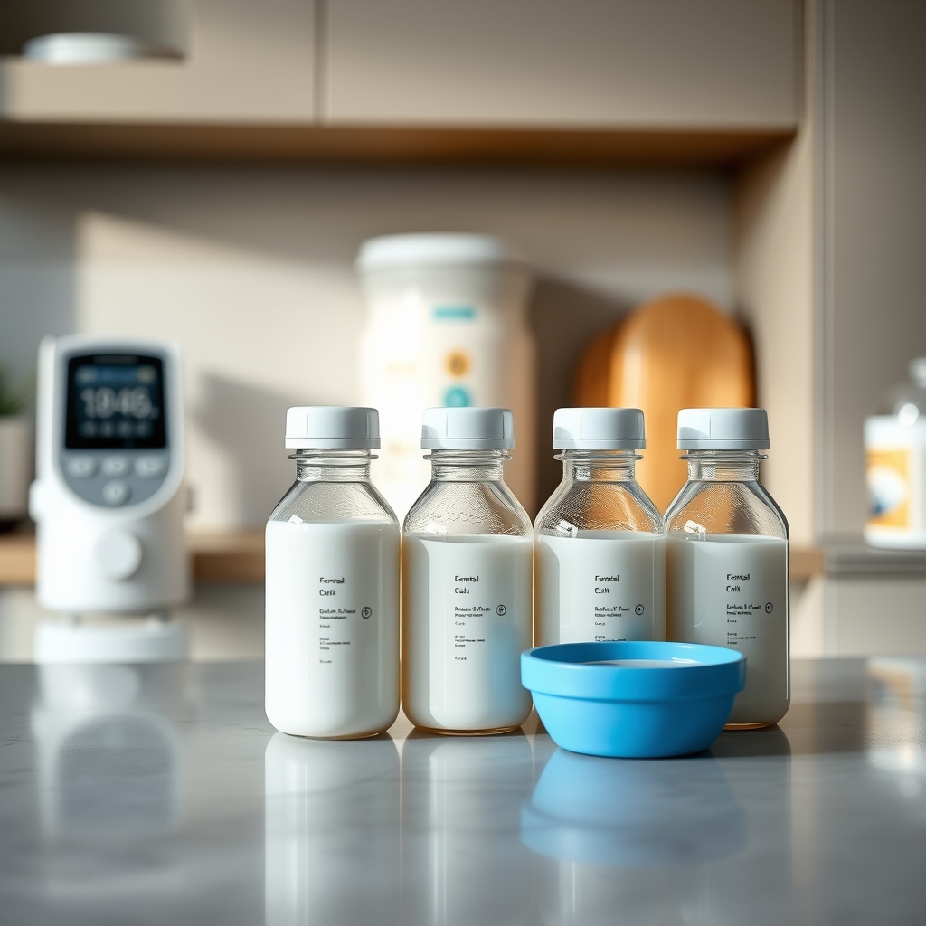 A clean kitchen counter with prepared formula bottles, a digital thermometer, and a labeled refrigerator, bright natural light highlighting safety