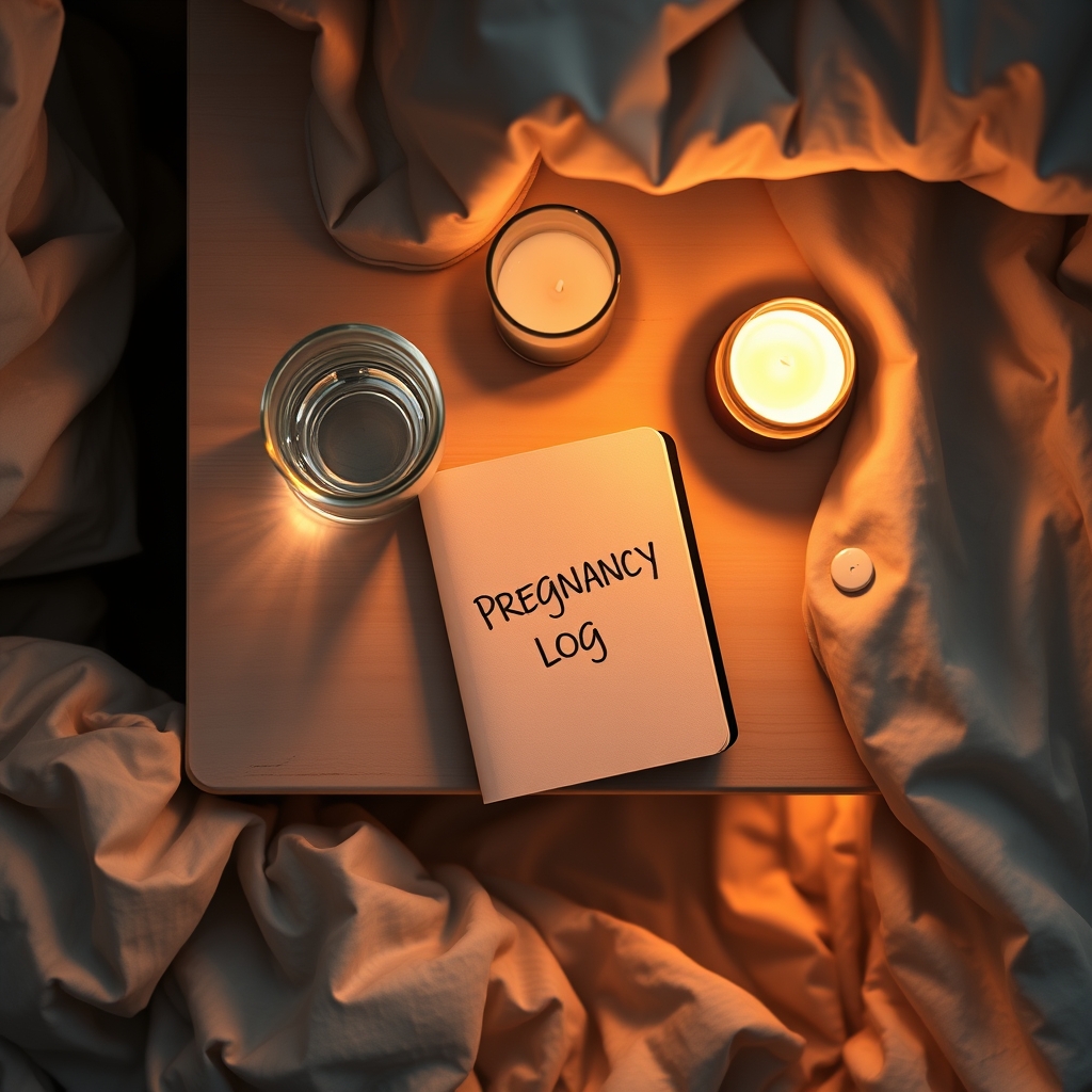 Soft focus photograph of a calm bedroom nightstand with a glass of water, a small notebook titled 'Pregnancy Log', and a candle glowing gently