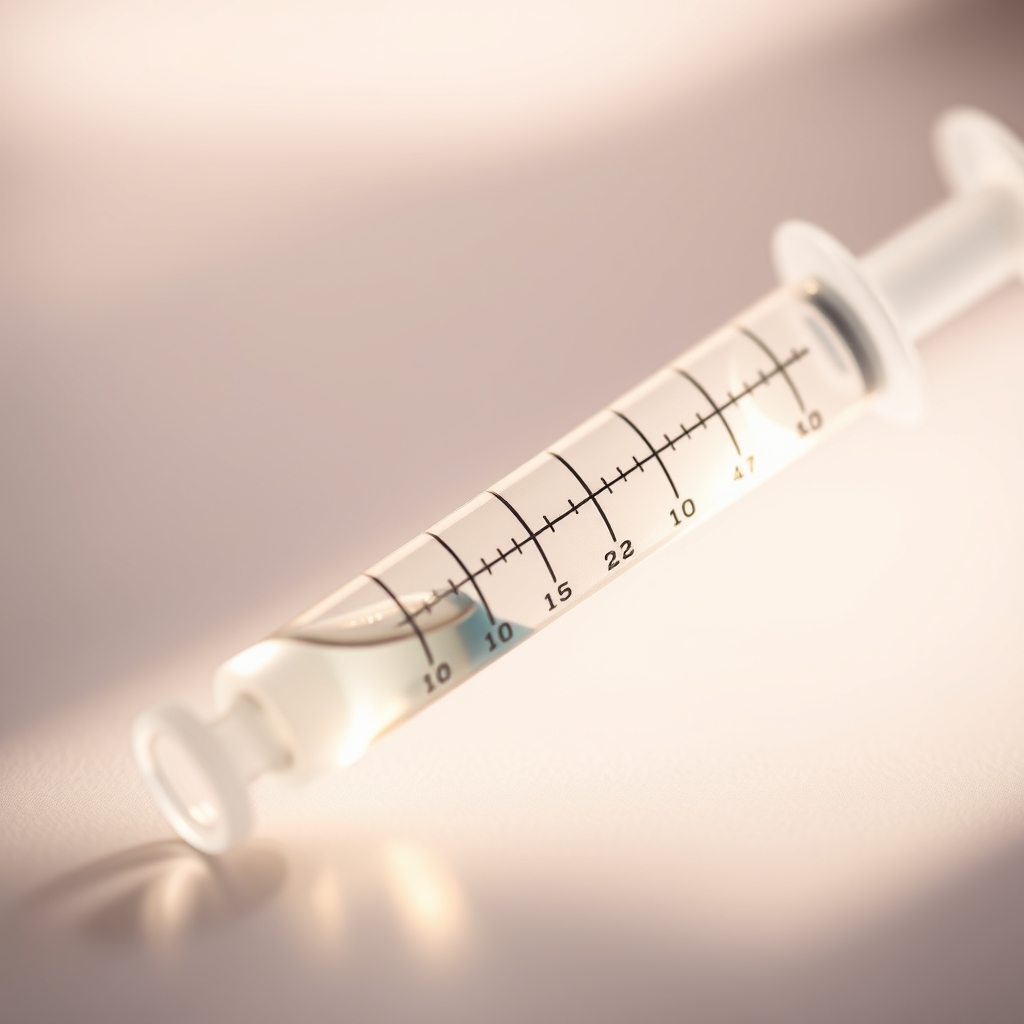 Close‑up of a pediatric dosing syringe filled with liquid medicine, showing clear measurement markings against a soft pastel background
