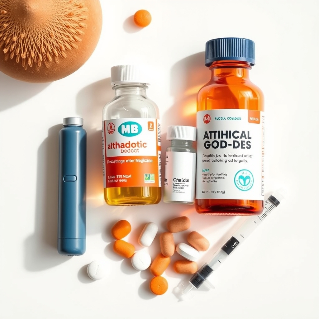 A variety of pediatric medication types including inhalers, liquid antibiotics, and chewable tablets arranged on a clean surface