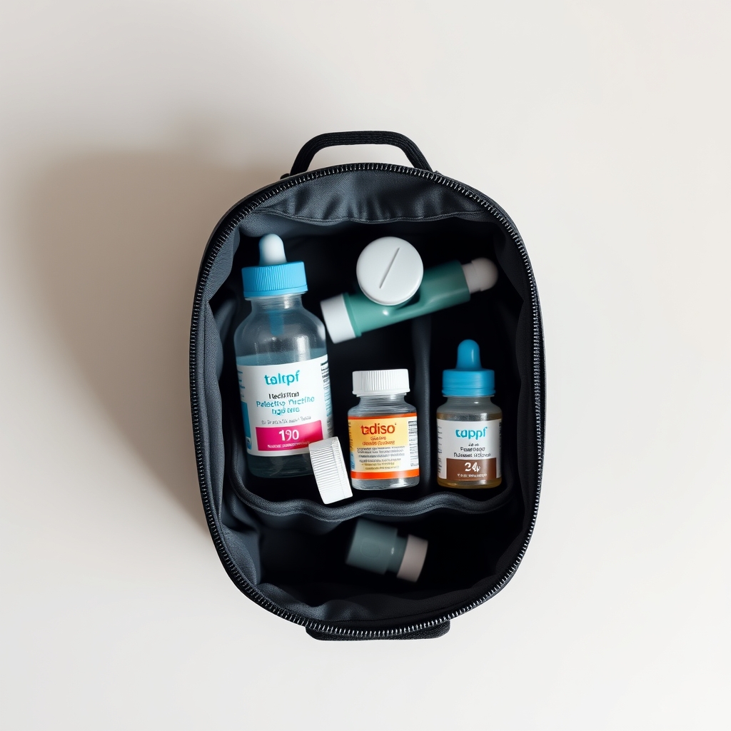 A travel case with compartments for children's medications, including liquid bottles, inhalers, and pill containers