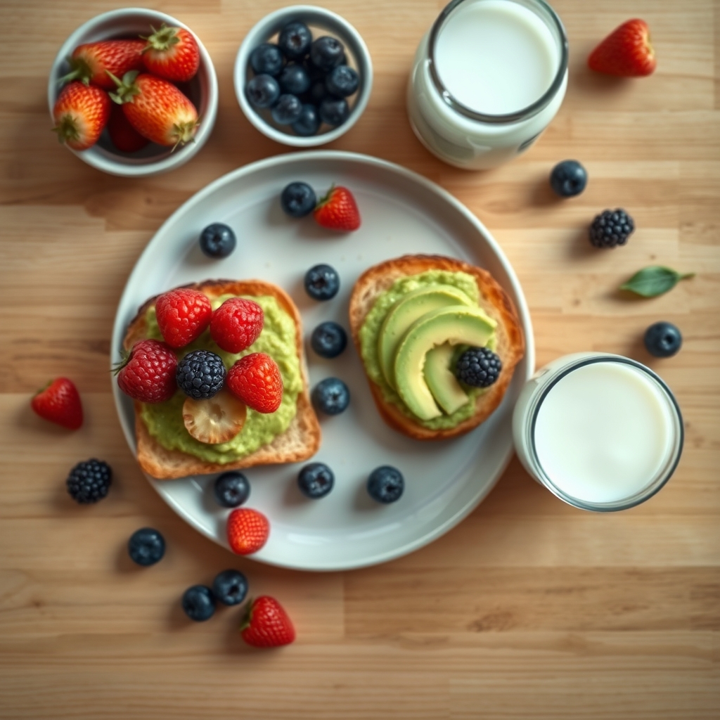 A bright kitchen counter with a bowl of colorful mixed berries, a slice of whole‑grain toast topped with avocado, and a glass of milk, illustrating a nutrient‑dense snack for toddlers