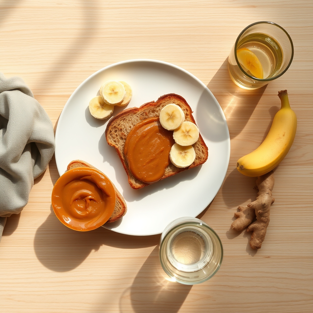 A small plate with whole‑grain toast, almond butter, sliced banana, and a glass of ginger‑infused water on a light wooden table, soft natural light