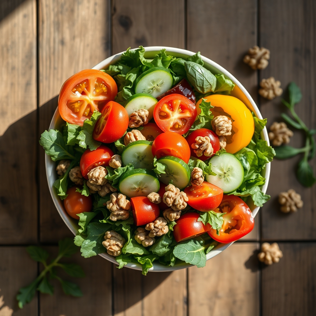 A vibrant, healthy salad with leafy greens, colorful vegetables, and nuts, representing a balanced diet on a wooden table, bright natural light
