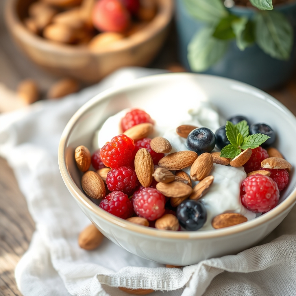 Colorful bowl of mixed berries, nuts, and Greek yogurt on a wooden table, bright natural light