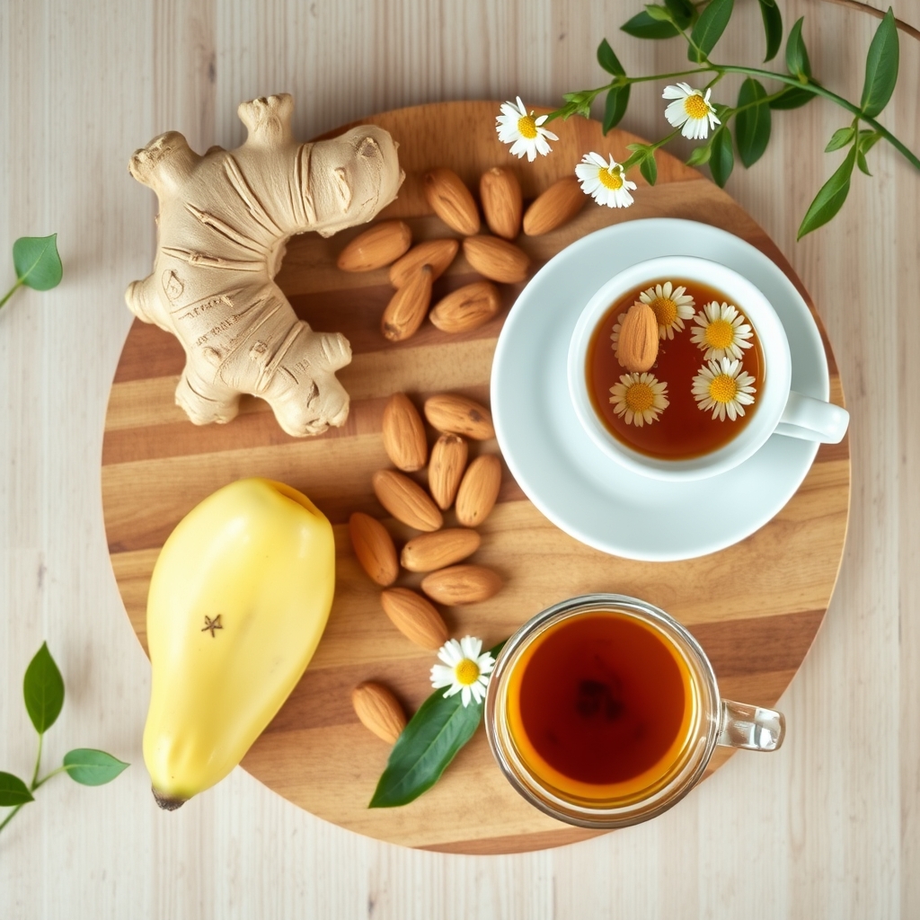 A selection of natural heartburn remedies arranged on a rustic wooden board: fresh ginger slices, ripe banana, almonds, and a cup of chamomile tea, with soft morning light